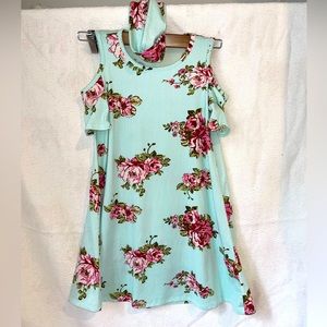 Floral Print Cap Sleeve Boho Style Dress w/Matching Headband